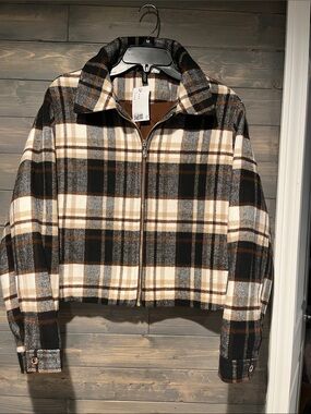 NWT H& M Brown Plaid Zip-Front Jacket M